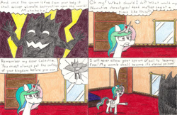 Size: 1023x662 | Tagged: safe, artist:eternaljonathan, princess celestia, alicorn, pony, comic:a new twist, comic, overdue, pregnant, shadow creature, traditional art