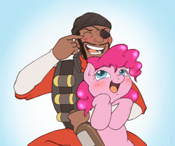 Size: 908x760 | Tagged: safe, artist:i am nude, pinkie pie, human, bottle, crossover, cuddling, cute, demoman, diapinkes, drunk, happy, snuggling, team fortress 2