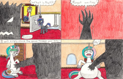 Size: 1024x662 | Tagged: safe, artist:eternaljonathan, princess celestia, princess luna, alicorn, pony, comic:a new twist, belly, comic, pregnant, shadow creature, traditional art