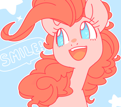 Size: 620x551 | Tagged: safe, artist:buljong, pinkie pie, earth pony, pony, blue background, bust, cute, dialogue, diapinkes, happy, heart eyes, no pupils, open mouth, portrait, simple background, smiling, solo, speech bubble, stars, wingding eyes