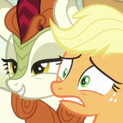 Size: 740x740 | Tagged: safe, derpibooru import, screencap, applejack, autumn blaze, earth pony, kirin, pony, sounds of silence, a kirin tale, cropped, duo, female, lidded eyes, out of context, smiling, that is my fetish, varying degrees of want