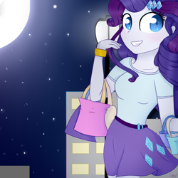 Size: 1000x1000 | Tagged: safe, artist:ultrard, rarity, equestria girls, bags, bracelet, city, clothes, colored pupils, cute, full moon, lamppost, night sky, shopping, skirt, smiling, solo, stars