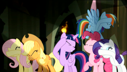 Size: 1920x1080 | Tagged: safe, derpibooru import, screencap, applejack, fluttershy, pinkie pie, rainbow dash, rarity, twilight sparkle, twilight sparkle (alicorn), alicorn, earth pony, pegasus, pony, unicorn, do princesses dream of magic sheep, blinded, eyes closed