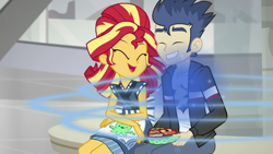 Size: 1921x1080 | Tagged: safe, screencap, flash sentry, sunset shimmer, eqg summertime shorts, equestria girls, good vibes, duo, female, happy, male, one eye closed, shipping fuel, smiling, sunset sushi