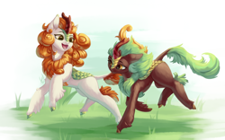 Size: 2000x1250 | Tagged: safe, artist:peachmayflower, autumn blaze, cinder glow, summer flare, kirin, sounds of silence, awwtumn blaze, cloven hooves, cute, duo, female, grass, kirinbetes, leonine tail, open mouth, running, smiling