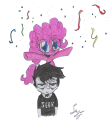 Size: 2142x2412 | Tagged: safe, artist:leyzy, pinkie pie, earth pony, pony, confetti, crossover, dan, dan vs, glare, grumpy, simple background, smiling, traditional art, transparent background