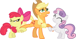 Size: 3539x1846 | Tagged: safe, artist:porygon2z, apple bloom, applejack, sweetie belle, earth pony, pony, sisterhooves social, applejack is not amused, simple background, transparent background, tug of war, vector