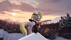 Size: 1920x1080 | Tagged: safe, artist:minutexium, derpy hooves, pony, 3d, bomber jacket, clothes, earmuffs, gmod, goggles, jacket, mailmare, mountain, mountain range, snow, solo, winter