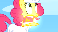 Size: 1920x1050 | Tagged: safe, screencap, pinkie pie, earth pony, pony, sonic rainboom (episode), faic, female, glow, hard hat, looking up, mare, open mouth, solo, weather factory uniform, yellow, yellow face