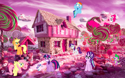 Size: 1280x800 | Tagged: safe, applejack, fluttershy, pinkie pie, princess flurry heart, rainbow dash, rarity, spike, starlight glimmer, twilight sparkle, twilight sparkle (alicorn), alicorn, dragon, earth pony, pegasus, pony, unicorn, candyland, gingerbread house, lollipop trees, mane seven, mane six