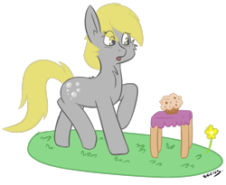 Size: 1030x846 | Tagged: safe, artist:exvius, derpy hooves, ditzy doo, pony, cute, flower, food, grass, muffin, solo, surprised, table