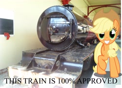 Size: 6275x4524 | Tagged: safe, applejack, earth pony, pony, absurd resolution, approved, blackpool, camera, lms princess royal, railroad, smiling, solo, steam train, train