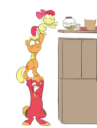 Size: 500x659 | Tagged: safe, artist:nukilik, apple bloom, applejack, big macintosh, earth pony, pony, apple siblings, cookie jar, male, pile, stallion, teamwork, tower of pony