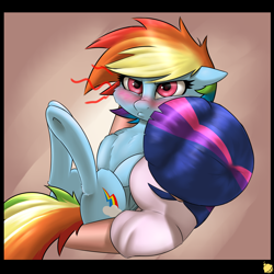 Size: 2400x2400 | Tagged: safe, artist:captainpudgemuffin, derpibooru import, rainbow dash, twilight sparkle, human, pony, blushing, chest fluff, cute, dashabetes, female, floppy ears, fluffy, holding a pony, humanized, lesbian, pouting, scowl, scrunchy face, shipping, tsunderainbow, tsundere, twidash, unamused, underhoof, weapons-grade cute