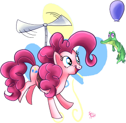 Size: 613x599 | Tagged: safe, artist:phantosanucca, gummy, pinkie pie, earth pony, pony, balloon, helicopter, pinkie being pinkie, simple background, transparent background