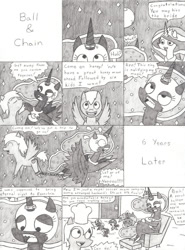 Size: 770x1038 | Tagged: safe, artist:eternaljonathan, nightmare moon, princess celestia, oc, alicorn, pony, arranged marriage, black and white, chains, comedy, comic, grayscale, horn ring, humor, magic suppression, marriage, pregnant, traditional art, wedding ring