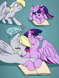 Size: 1280x1706 | Tagged: safe, artist:snobbleweb, derpy hooves, twilight sparkle, twilight sparkle (alicorn), alicorn, pegasus, pony, book, comic, cute, derpabetes, female, heart, hug, lesbian, mare, pounce, reading, shipping, snuggling, twerpy, twiabetes