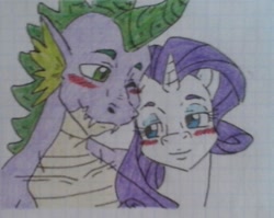 Size: 1023x813 | Tagged: safe, artist:tejedora, rarity, spike, dragon, pony, unicorn, blushing, crayon drawing, cute, female, graph paper, lined paper, male, older, older spike, shipping, sparity, straight, traditional art