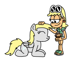 Size: 1300x1100 | Tagged: safe, artist:blackrhinoranger, derpy hooves, human, pegasus, pony, anatomically incorrect, behaving like a dog, crossover, food, incorrect leg anatomy, leni loud, muffin, petting, size difference, the loud house