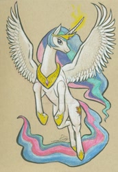 Size: 1024x1491 | Tagged: safe, artist:moviedragon009v2, princess celestia, alicorn, pony, flying, glowing horn, obtrusive watermark, simple background, solo, traditional art, watermark