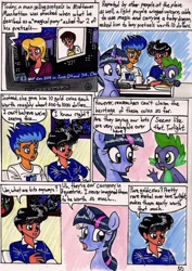 Size: 1389x1960 | Tagged: safe, artist:newyorkx3, derpibooru import, flash sentry, spike, twilight sparkle, twilight sparkle (alicorn), oc, oc:tommy, alicorn, human, pony, comic:twilight and the big city, comic, female, mare, non-mlp oc, self insert, traditional art