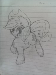 Size: 960x1280 | Tagged: safe, artist:ushiro no kukan, applejack, earth pony, pony, lined paper, monochrome, pixiv, solo, traditional art