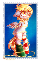 Size: 1988x3000 | Tagged: safe, artist:chaosangeldesu, derpy hooves, pegasus, pony, arm behind back, bipedal, blushing, christmas, christmas lights, clothes, cute, derpabetes, female, holiday, i just don't know what went wrong, mare, socks, solo, striped socks, tied up