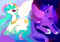 Size: 1024x723 | Tagged: safe, artist:yam, princess celestia, princess luna, alicorn, pony, crown, female, horn, mare, siblings, sisters