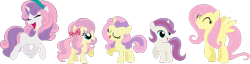 Size: 1280x327 | Tagged: safe, artist:archerinblue, fluttershy, sweetie belle, oc, oc:lemon meringue, oc:strawberry shake, oc:vanilla frosting, pegasus, pony, crack shipping, cute, family, female, flutterbelle, lesbian, magical lesbian spawn, offspring, older, parent:fluttershy, parent:sweetie belle, parents:flutterbelle, shipping, simple background, transparent background