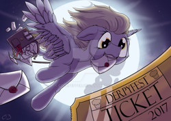 Size: 1024x724 | Tagged: safe, artist:reptilianbirds, derpy hooves, pegasus, pony, backlighting, derpfest, envelope, female, full moon, letter, mailbag, mailmare, mare, moon, mouth hold, obtrusive watermark, solo, spread wings, watermark, wings