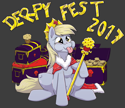 Size: 1024x879 | Tagged: safe, artist:reptilianbirds, derpy hooves, pegasus, pony, crown, derpfest, female, food, gray background, jewelry, mare, muffin, nose wrinkle, obtrusive watermark, regalia, scepter, simple background, sitting, solo, tongue out, watermark