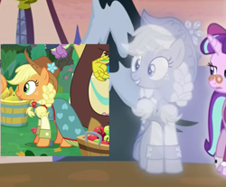 Size: 681x564 | Tagged: safe, edit, screencap, applejack, discord, snowfall frost, spike, spirit of hearth's warming past, starlight glimmer, dragon, earth pony, pony, unicorn, a hearth's warming tail, the big mac question, alternate hairstyle, apple, braid, clothes, comparison, dress, female, food, smiling