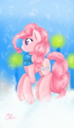 Size: 750x1280 | Tagged: safe, artist:myralilth, pinkie pie, earth pony, pony, clothes, scarf, snow, snowfall, solo, winter