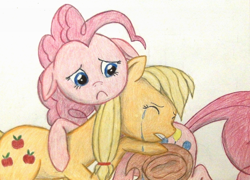 Size: 1024x736 | Tagged: safe, artist:thefriendlyelephant, applejack, pinkie pie, earth pony, pony, cowboy hat, crying, duo, emotional, frown, hat, hug, sad, traditional art