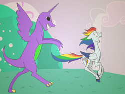 Size: 1024x768 | Tagged: safe, artist:canterlotroyalty, derpibooru import, rainbow dash, pegasus, pony, do princesses dream of magic sheep, barney, barney the dinosaur, oh no, this will end in tears, wat