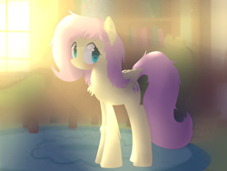 Size: 2592x1944 | Tagged: safe, artist:alexander56910, fluttershy, pegasus, pony, blushing, bright, chest fluff, crepuscular rays, fluffy, folded wings, house, looking at you, messy mane, solo, standing, window