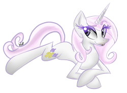 Size: 676x498 | Tagged: safe, artist:blup-chan, derpibooru import, fleur-de-lis, bedroom eyes, prone, simple background, smiling, solo, transparent background