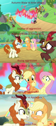 Size: 1280x2880 | Tagged: safe, derpibooru import, edit, edited screencap, screencap, applejack, autumn blaze, fluttershy, earth pony, kirin, nirik, pegasus, pony, sounds of silence, comic, fire, kirin village, screencap comic