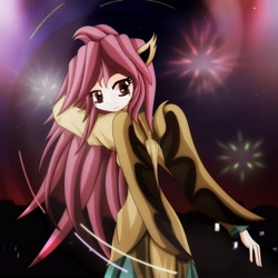 Size: 3840x3840 | Tagged: safe, artist:an-m, fluttershy, human, eared humanization, fireworks, flutterbat, humanized, solo, winged humanization