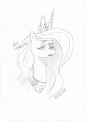 Size: 2480x3507 | Tagged: safe, artist:saturdaymorningproj, princess celestia, alicorn, pony, bedroom eyes, bust, dialogue, looking at you, monochrome, open mouth, portrait, sketch, solo, unamused