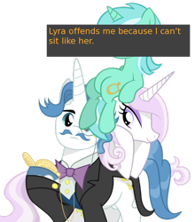 Size: 500x568 | Tagged: safe, derpibooru import, fancypants, fleur-de-lis, lyra heartstrings, meta, offensive ponies, sitting, text