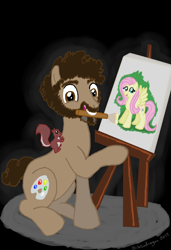 Size: 632x924 | Tagged: safe, artist:bibliodragon, fluttershy, pegasus, pony, squirrel, bob ross, grin, mouth hold, paintbrush, painting, ponified, raised hoof, sitting, smiling, solo