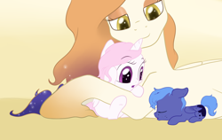 Size: 2838x1792 | Tagged: safe, artist:kaleysia, princess celestia, princess luna, oc, oc:queen eternita, alicorn, pony, baby, baby luna, baby pony, cewestia, cute, female, filly, freckles, mother and child, mother and daughter, newborn, parent and child, pink-mane celestia, prone, sleeping, sweet dreams fuel, woona, younger