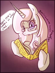 Size: 544x714 | Tagged: safe, artist:velexane, derpibooru import, fleur-de-lis, 30 minute art challenge, book, glasses, solo