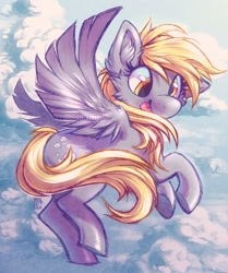 Size: 800x956 | Tagged: safe, artist:ferwildir, derpy hooves, pegasus, pony, :p, cheek fluff, cloud, cute, derpabetes, ear fluff, female, flying, lightly watermarked, looking at you, mare, silly, sky, solo, spread wings, tongue out, underhoof, watermark, wings