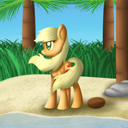 Size: 1000x1000 | Tagged: safe, artist:frozl, applejack, earth pony, pony, beach, coconut, food, loose hair, palm tree, solo, tree, windswept mane