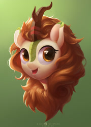 Size: 1879x2625 | Tagged: safe, artist:weird forthfona, autumn blaze, kirin, sounds of silence, awwtumn blaze, bust, chest fluff, colored pupils, cute, female, fluffy, gradient background, green background, head, head only, looking at you, open mouth, portrait, simple background, smiling, solo, starry eyes, wingding eyes