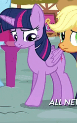 Size: 295x472 | Tagged: safe, screencap, applejack, twilight sparkle, twilight sparkle (alicorn), alicorn, earth pony, pony, maud pie (episode), animated, awkward, female, frown, horses doing horse things, looking down, mare, pawing the ground