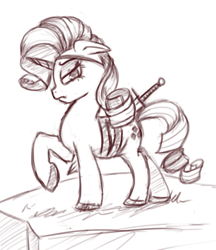 Size: 961x1113 | Tagged: source needed, safe, artist:post-it, rarity, pony, unicorn, alternate universe, eyepatch, monochrome, sketch, solo, sword, sword rara, weapon