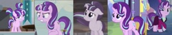 Size: 2464x499 | Tagged: safe, edit, screencap, starlight glimmer, pony, unicorn, a horse shoe-in, rock solid friendship, the cutie re-mark, the last problem, age progression, alternate timeline, ashlands timeline, barren, clothes, cropped, crying, discovery family logo, equal cutie mark, eye shimmer, female, filly, filly starlight glimmer, floppy ears, frown, gritted teeth, headmare starlight, implied genocide, looking at you, older, older starlight glimmer, pigtails, post-apocalyptic, reformation, s5 starlight, sad, sad face, sadlight glimmer, smiling, suit, wasteland, windswept mane, worried, younger